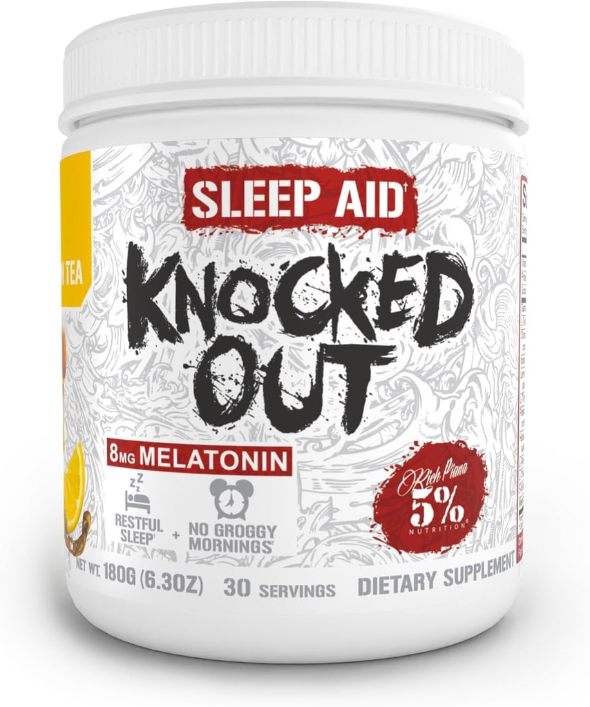 5% Nutrition Rich Piana Knocked Out Natural Sleep Aid Powder | Post-Workout Recovery & Deep Sleep Supplement | GABA, Melatonin, Chamomile, Tyrosine, 5-HTP, & More | 30 Servings (Honey Lemon Tea)
