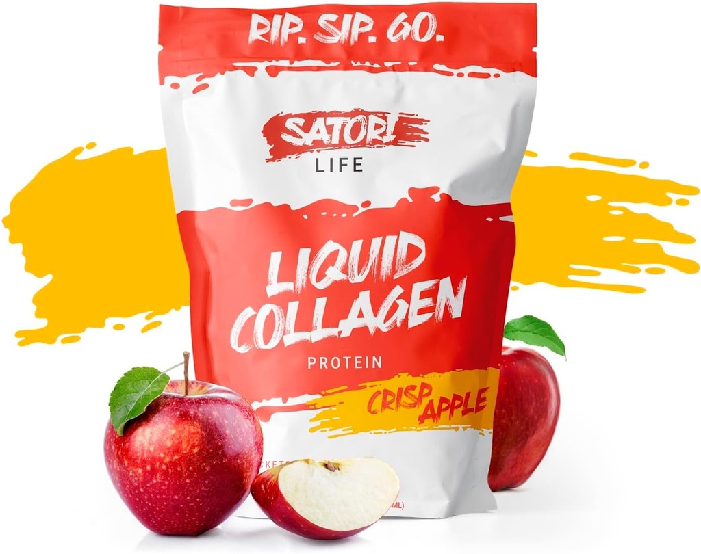 Satori Life - Hydrolyzed Liquid Collagen Protein | Promotes Healthy Skin, Hair, Nails, Joint Support and Bones | 15g of Protein in 15 Convenient On The Go Single Serve Pouches (Crisp Apple)