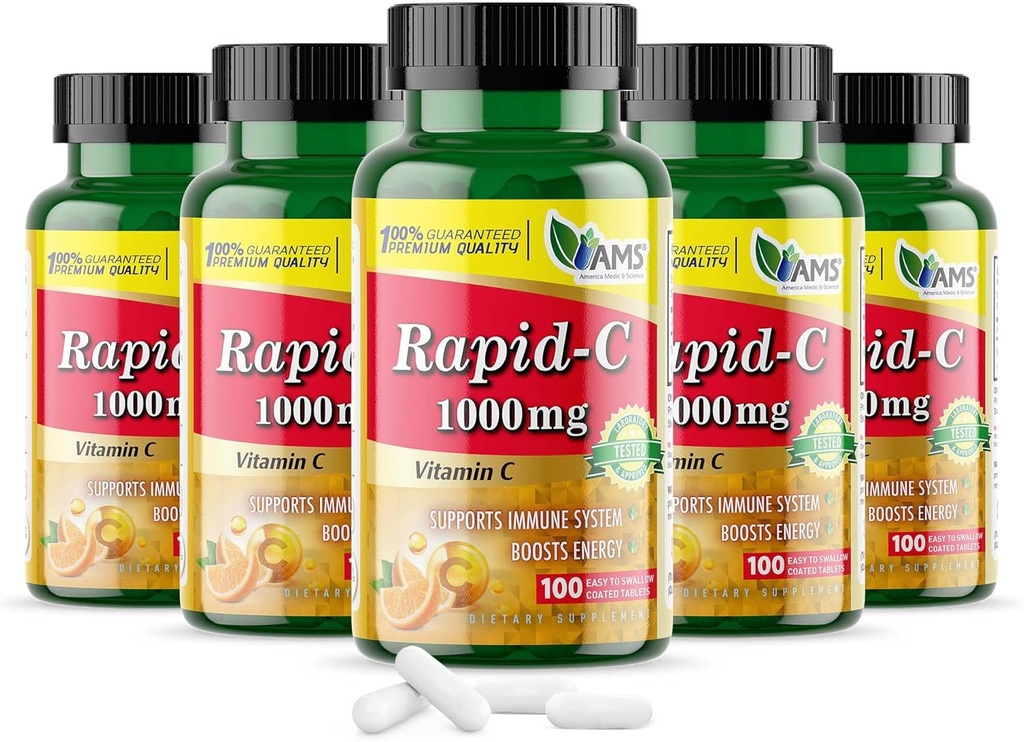 America Medic & Science Rapid-C 1000mg Vitamin C Supplement (5 Pack of 100 Tablets) Energy Booster, Daily Immune System Support, Antioxidant | Vegan, Non-GMO Coated Ascorbic Acid for Adult Men & Women