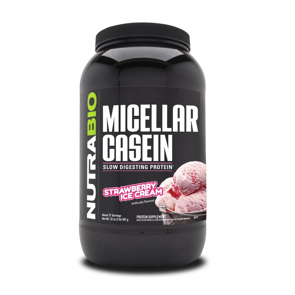 NutraBio Casein Protein Powder, Micellar Casien Powder, 25g Slow Digesting Protein, Helps Keep You Full, Overnight Muscle Recovery & Growth, BCAA & EAA, Gluten Free, Soy Free, 2lb Strawberry Ice Cream