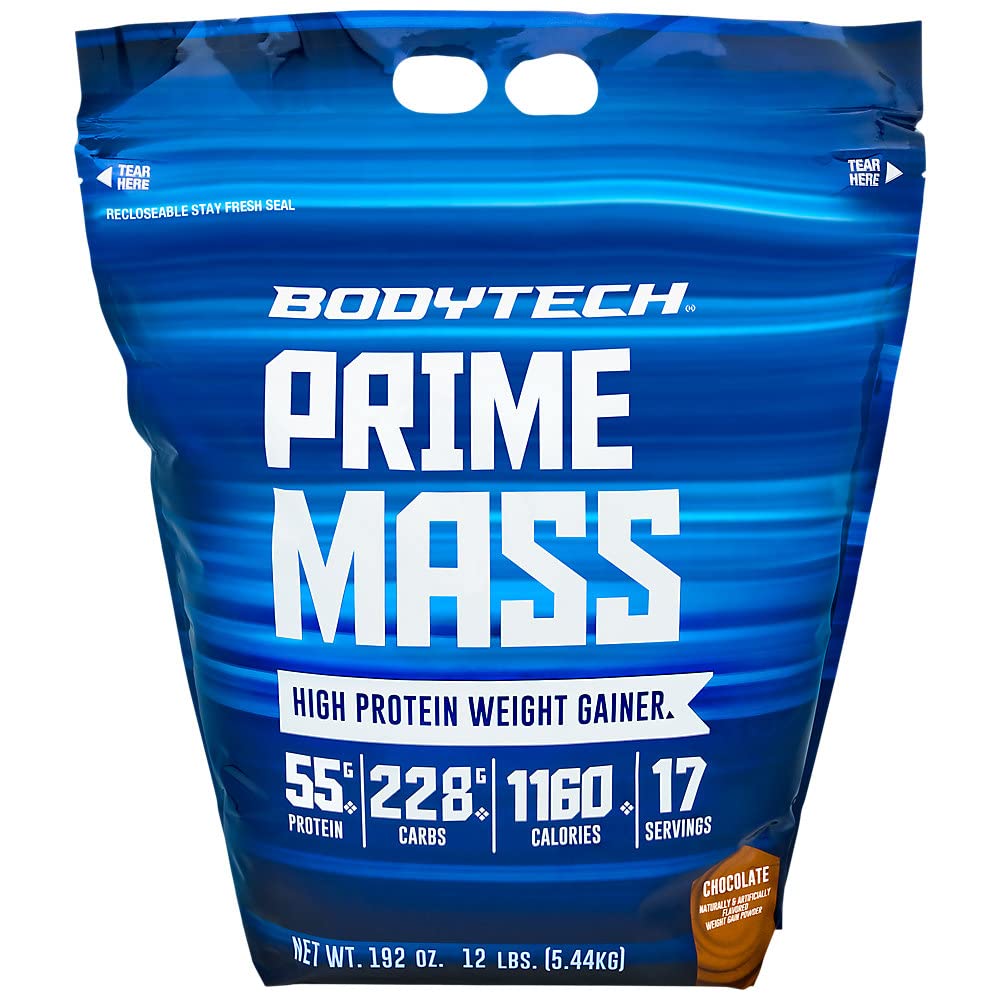 BodyTech Prime Mass - High-Calorie Mass Gainer - Supports Muscle Growth & Weight Gain - Chocolate (12 lb, 17 Servings)