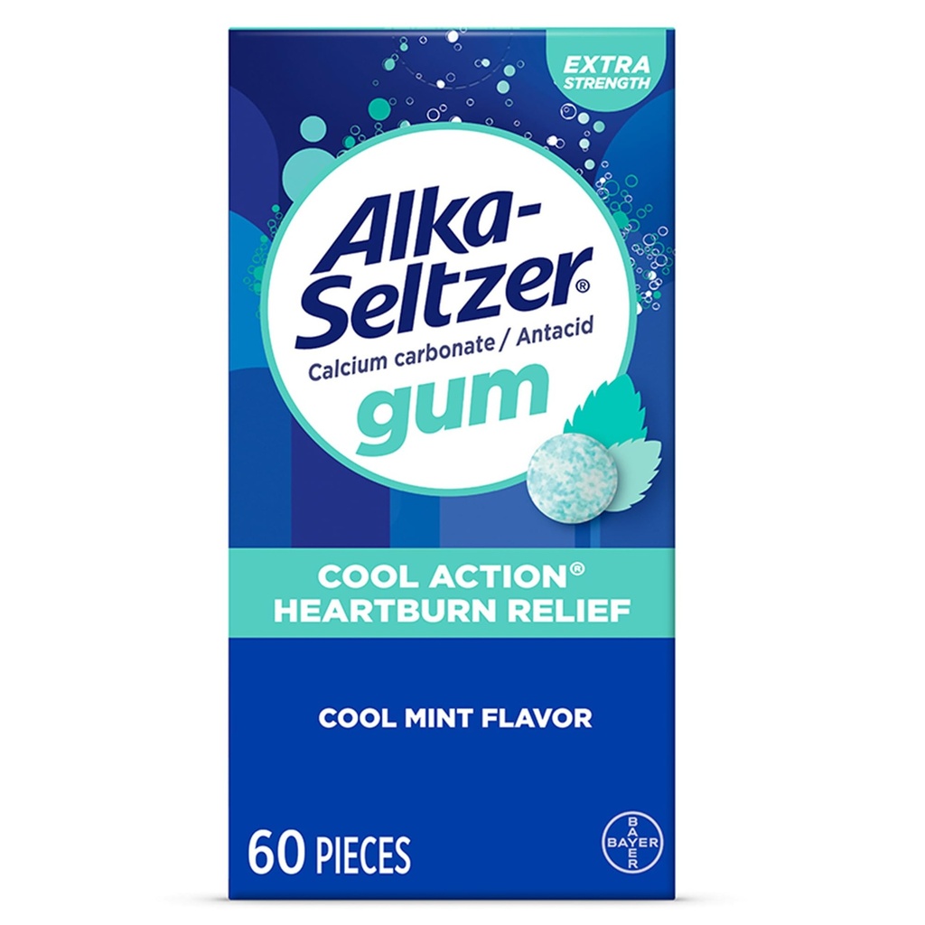 Alka-Seltzer Cool Action Heartburn Relief Gum, Extra Strength Antacid Gum, Acid Indigestion and Upset Stomach Relief, No Chalky Taste, Cool Mint Flavor, 60 Count