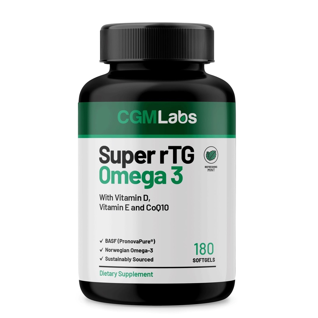 rTG Omega 3 Norwegian Fish Oil with CoQ10 Dietary Supplement- Heart Health & Antioxidant Support with Vitamins D & E – 2000 mg Sustainably Sourced – Super rTG Omega 3, 180 Softgels by CGM Labs