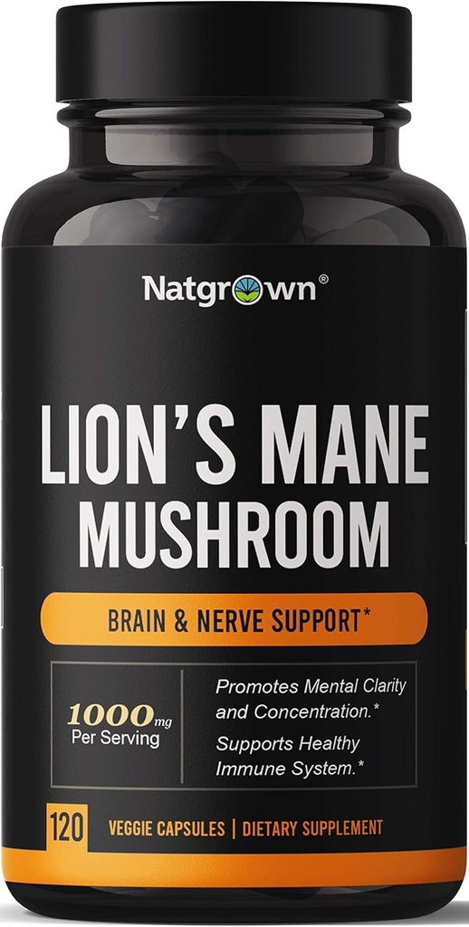 Natgrown Lions Mane Mushroom Supplement Capsules - Organic Lion’s Mane Extract Nootropic Brain Supplement for Men & Women - Promotes Mental Clarity, Focus, and Memory - Vegan Pills