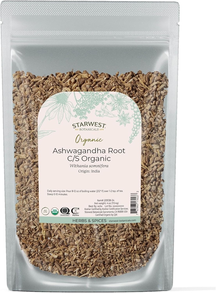 Starwest Botanicals Organic Ashwagandha Root for Women & Men - Dried Herb for Tea, Capsules, & Natural Herbal Blends, Cut & Sifted, Certified Kosher, Non-GMO - 4 oz Pouch