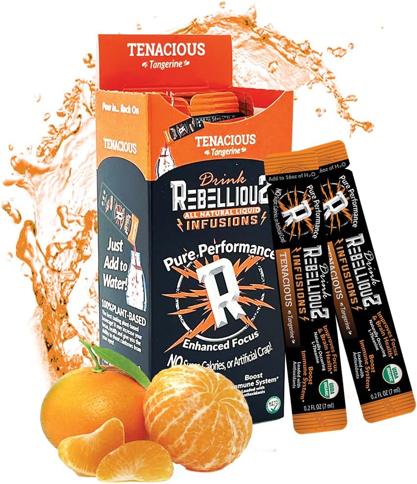 Rebellious Tenacious Tangerine Organic Drink Mix – Zero Calorie Energy Drink Mix | Monk Fruit & Green Tea Extract | L-Theanine + Natural Caffeine | 100% Plant-Based | Pack of 10 | Keto,Gluten-Free