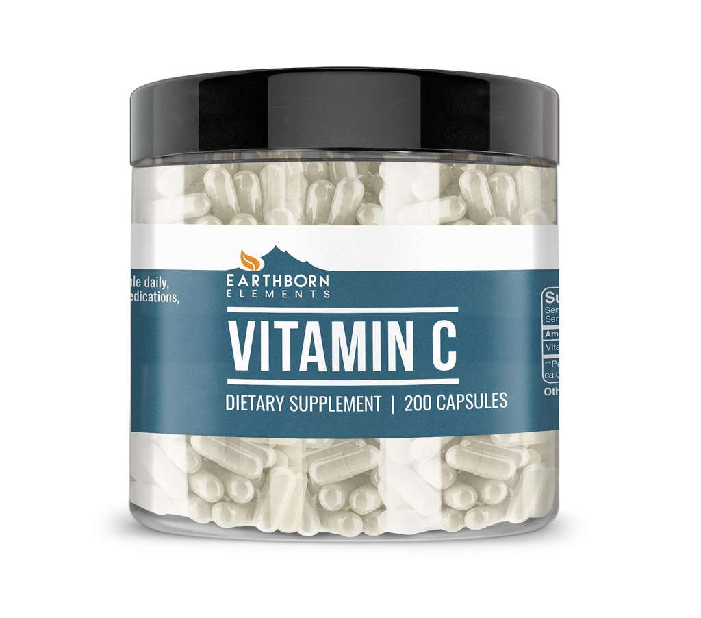Earthborn Elements Vitamin C 200 Capsules, Pure & Undiluted, No Additives