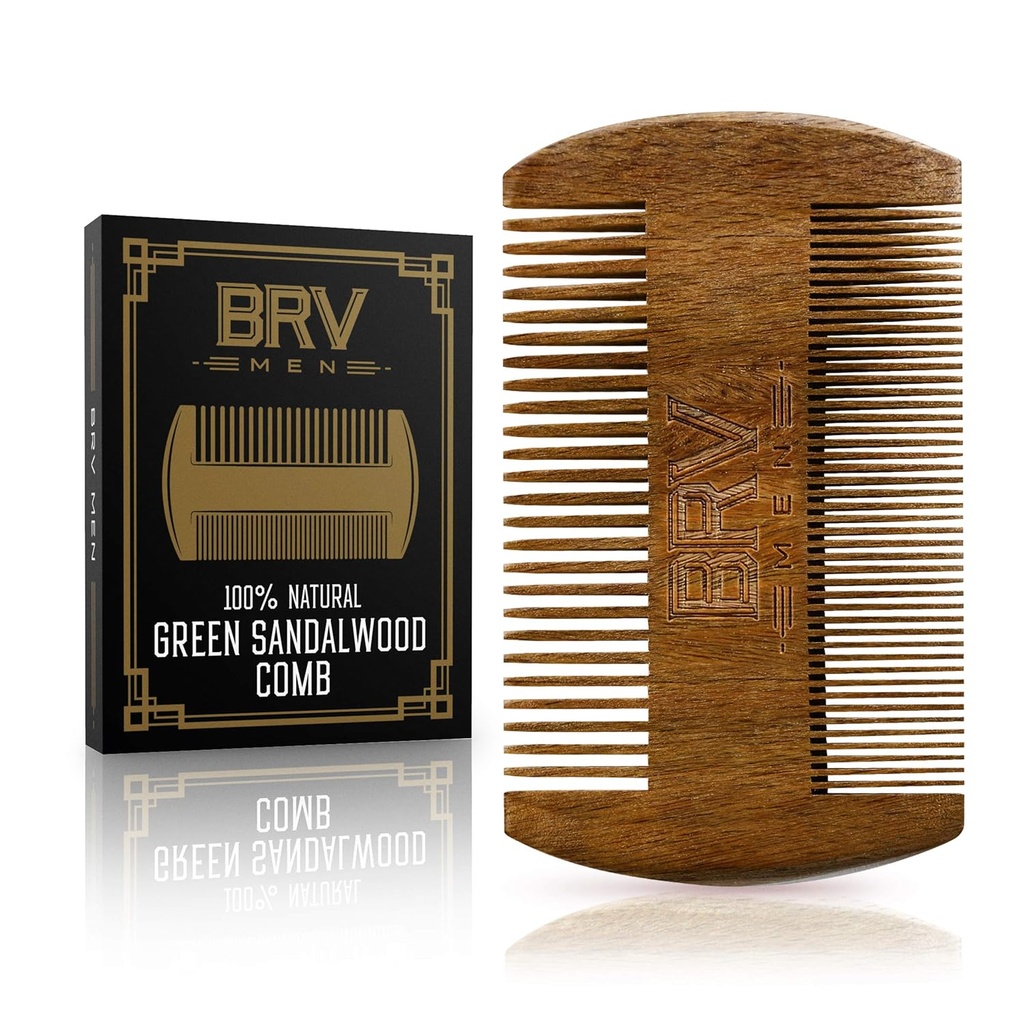 BRV MEN Beard & Mustache Comb, 100% Natural Green Sandalwood, Pocket Beard Comb with Carry Case, Wooden Beard Comb for Men For All Types and Styles of Hair & Beard