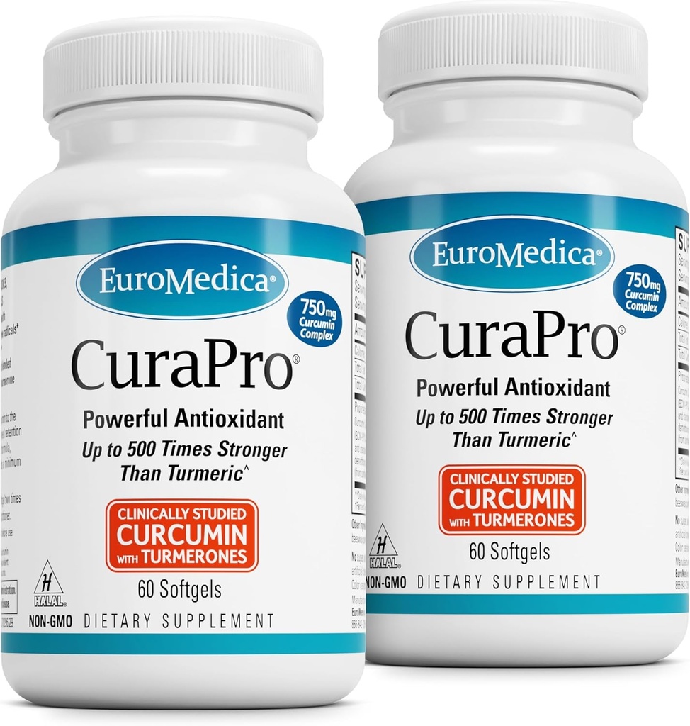 EuroMedica CuraPro - Antioxidant Supplement for Brain & Immune Health Support - Dietary Supplement with Curcumin & Turmeric Essential Oil - Herbal Liver Support - 60 Softgels, 2 Pack (120 Softgels)