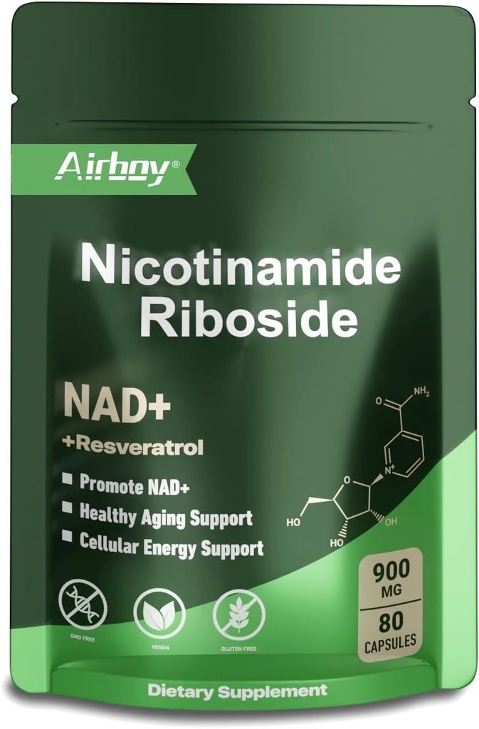 Airboy NAD Supplement with Nicotinamide Riboside Resveratrol & Quercetin 900 mg, NMNH Alternative for Men and Women Support Anti-Aging, Energy, Focus - 80 Capsules