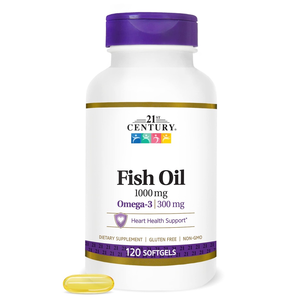 21st Century Fish Oil 1000 mg Softgels, (300 Count), Molecularly Distilled, Omega 3 Supplement with EPA & DHA, Purified to Eliminate Mercury, Supports Cardiovascular Health, Gluten Free & Non-GMO