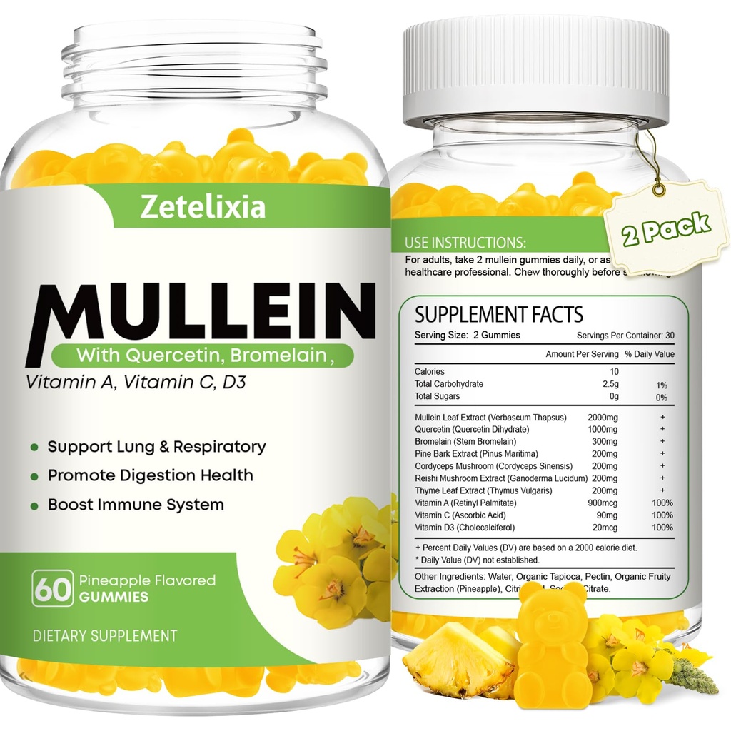 Mullein Gummies for Clear Lungs, 10 in 1 Mullein Leaf Extract for Lungs, Mullein Quercetin Gummies for Lung Cleanse, Respiratory, Immune, Pineapple Flavor, 120 Count