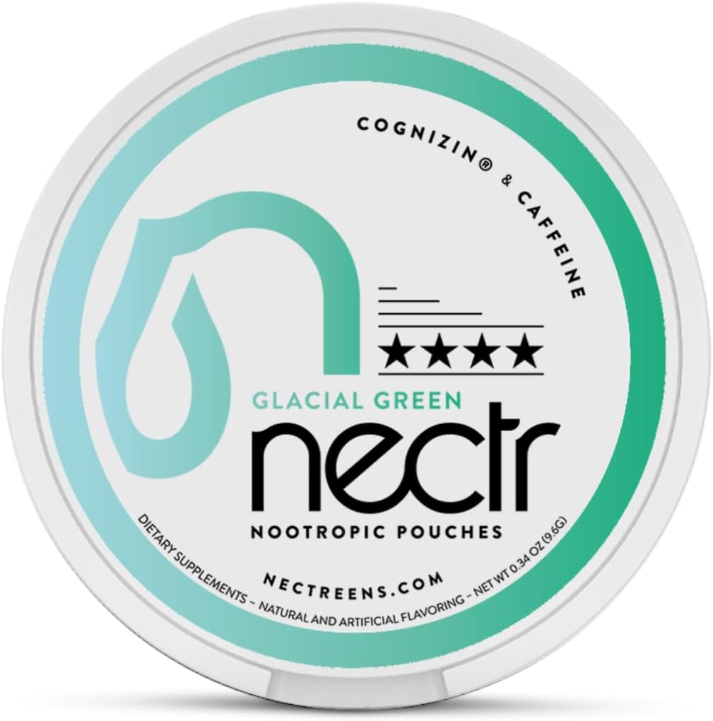 Nectr Energy Nootropic Pouches – Glacial Green Wintergreen Caffeine Pouches with Cognizin® Citicoline. Sugar-Free Brain Treats. Smooth, Sustained Focus & Energy Supplement - 1 Puck of 16pcs