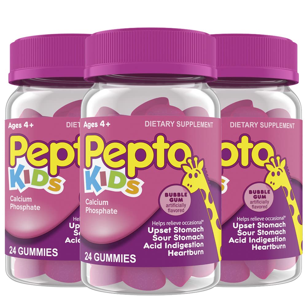 Pepto Kids Gummies, Helps Relieve Occasional Upset Stomach, Acid Indigestion, Sour Stomach and Heartburn, 72 Total (3 Packs of 24)