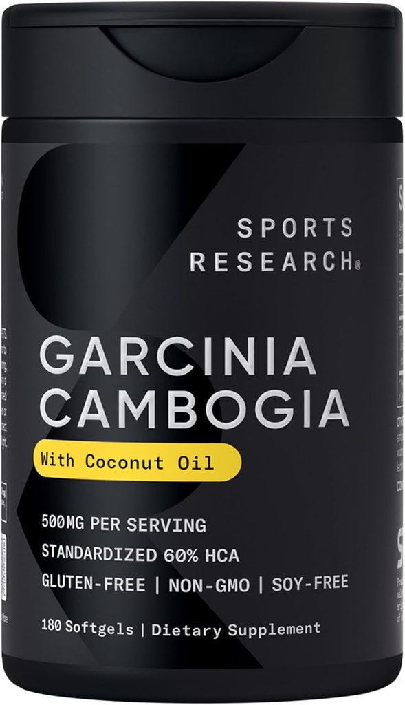 Sports Research Garcinia Cambogia Extract (60% HCA) with Extra Virgin Organic Coconut Oil | Non-GMO, Soy & Gluten Free (180 Liquid Softgels)