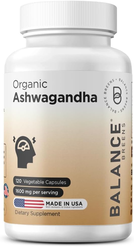 Certified Organic Ashwagandha 1600mg, 120 Veg Capsules - Supports Sleep & Balanced Energy Levels (120 Count (Pack of 1))