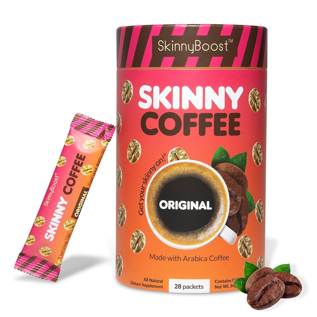 Skinny Boost Instant Skinny Coffee Sticks (Unflavored) - Made with Arabica Coffee Beans, Garcinia Cambogia, Green Tea Extract, B Vitamins, Fiber and Prebiotics –Sugar Free-Keto Friendly (28 Packets)