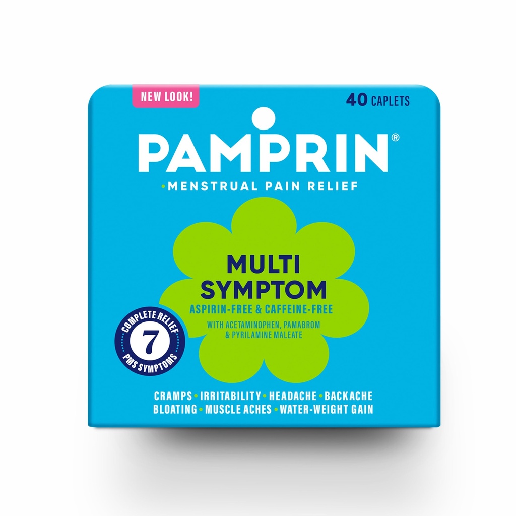 Pamprin Multi-Symptom Formula, with Acetaminophen, Menstrual Period Symptoms Relief including Cramps, Pain, Bloating, and Irritability 40 Caplets