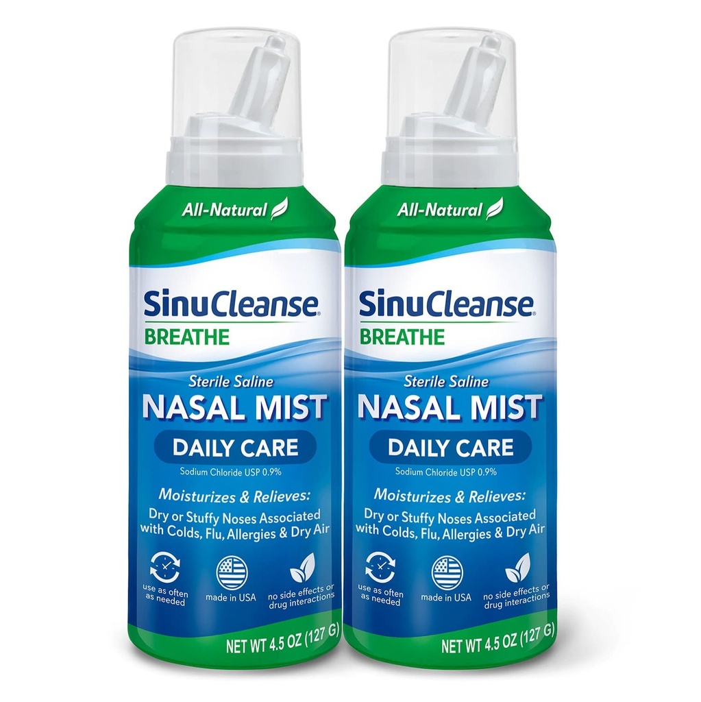 SinuCleanse Daily Care Sterile Saline Nasal Spray, Ultra Fine Mist, Instantly Moisturizes & Relieves Everyday Nasal Congestion Due to Colds & Dry Air, 4.5 Oz (2 Pack), Made in USA