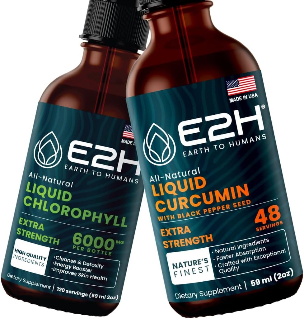 E2H: Liquid Chlorophyll and Liquid Turmeric Curcumin | Vegan, Non-GMO - 2 Fl Oz Each (4 Fl Oz Total) - Bundle