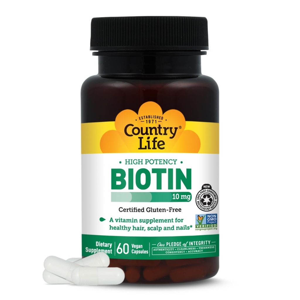Country Life Vitamins High Potency Biotin 10,000 mcg (10 mg), 60 Count - Supplement for Hair, Scalp & Nails - Certified Gluten Free