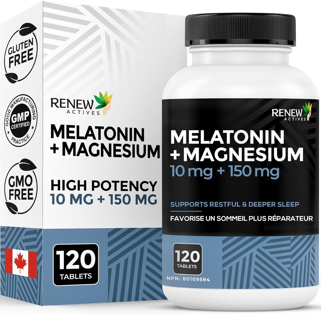 RENEW ACTIVES Melatonin 10MG with Magnesium 150MG Sleep Aid per Serving – Supports Sleep Onset, Jet Lag Relief, Tissue Formation & Electrolyte Balance for Restful Sleep – Made in Canada – 120 Capsules