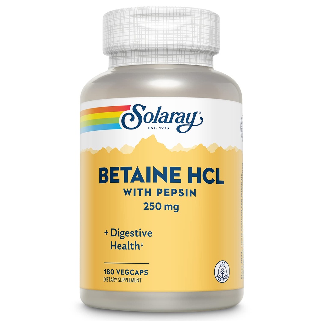 SOLARAY Betaine HCl with Pepsin 250 mg Supplement for Men & Women - Digestive Support, Betaine Hydrochloride Capsules, Gut Health Support Formula, Gluten Free - 180 Veg Cap Ct