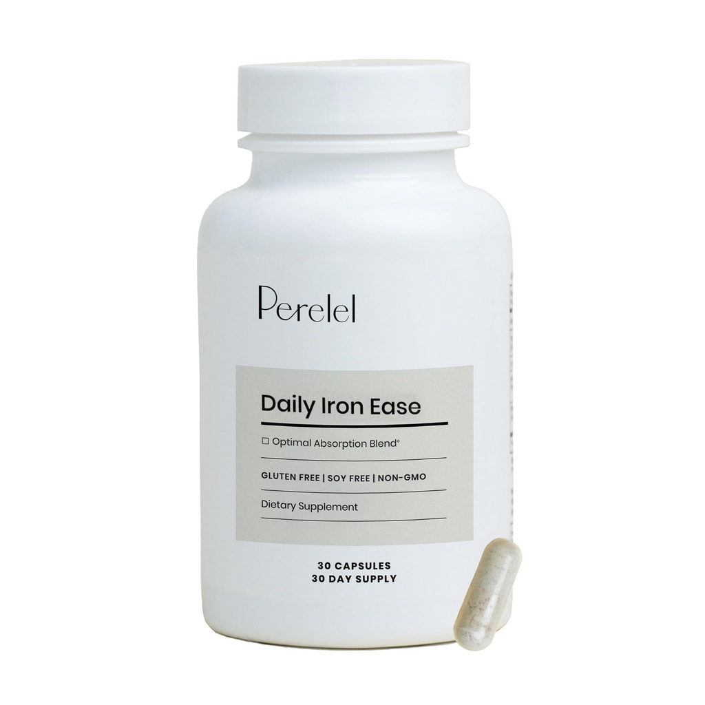 Perelel Daily Iron Ease, 15MG Iron Supplements with Magnesium, Vitamin C, & Vitamin B12 for Nutrient & Energy Support, Capsules for Women and Men, Soy, Dairy & Gluten Free, Non GMO, 30 Pills
