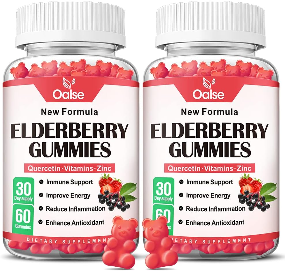 Organic Elderberry Gummies for Kids and Adults - Sambucus Black Elderberry Gummies + Zinc and Vitamin C & D3 Support Immune Defense Muscle Strength Dental Health [60 Count (Pack of 2)]