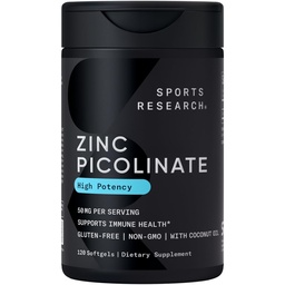 Sports Research High Potency Zinc Picolinate 50mg with Organic Coconut Oil | Highly Absorbable Zinc Supplement for Healthy Immune & Enzyme Function - Non-GMO Tested & Gluten-Free (120 Liquid Softgels)