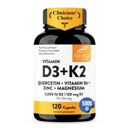 Sandhu's Vitamin D3 K2 Magnesium 5000 IU, 120mcg K2 Capsules 120 Count (Pack of 1) | with VIT B6, Zinc & Quercetin | D3K2 Supports Superior Absorption, Energy, Immune, Muscle Health for Men & Women