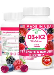 Lunakai USA Made Vitamin D3 K2 Gummies with Calcium – 3-in-1 Daily Vegan Supplement for Bone & Immune Support for Women, Men & Kids, 60ct