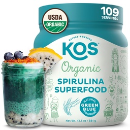KOS Organic Spirulina Powder - USDA Certified Organic, 109 Servings of Superfood Powder for Smoothies & Juices, Non-Irradiated Blue Green Algae, Plant Based with Antioxidants, Vegan (13.5oz)