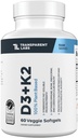 Transparent Labs Vitamin D3 K2 - Vitamin D & K2 Vitamin Supplement for Men & Women, Vegan-Friendly D3K2 5000 IU Supplements to Support Bone, Immune, and Overall Health - K2 D3 60 Capsules