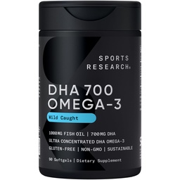 Sports Research® DHA Omega-3 Fish Oil 700 mg – Single Source Wild-Caught Fish – Supports Brain Health* – Burpless, Non-GMO, Gluten-Free, Sustainably Sourced – 90 Softgels