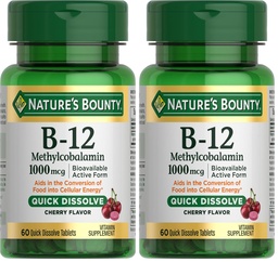 Nature's Bounty Vitamin B-12 Quick Dissolve Tablets,1000mcg,Aids in the Conversion of Food into Cellular Energy,Cherry Flavor,60ct,(Pack of 2)