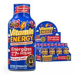Vitamin Energy Acai Pomegranate Extra Strength Energy Shot, 12 Pack - Up to 7 Hrs, 260mg Natural Caffeine, Zero Sugar - B12 11,000% DV + B6 2,118% DV + Taurine 1,500mg, 1.93 fl oz, Keto Vegan