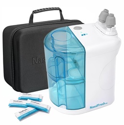 NASALFRESH MD Premium Bundle–Dual Powered Nasal Irrigation System Nasal Rinse and Wash, Sinus Decongestant Relief System, 60 Saline Packets, Case, Rechargeable, 2 Sets of Nose Pillows–Snoring Remedy