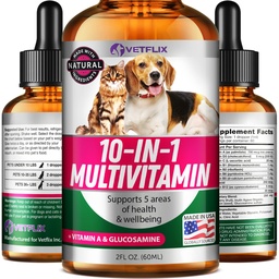10 in 1 Pet Vitamins for Dogs, Cats, Puppies and Kittens - Made in USA - Glucosamine and Multivitamin Supplement - Joint, Immune and Skin Health Support - 2 Fl Oz