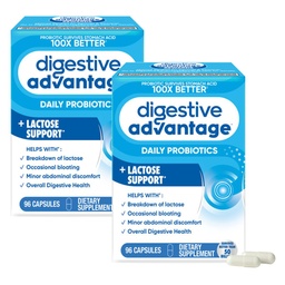 Digestive Advantage Probiotics + Lactase Digestive Enzymes for Digestive Health, Daily Probiotics for Women Men Occasional Bloating, Lactose Breakdown, Immune Support, 96ct (Pack of 2)