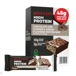 MUSASHI High Protein Bar, 45g Protein, 2g Total Sugars, Cookies & Cream, Post Workout and Protein Snack On The Go, 12 Pack of 3.2oz (90g) Bars