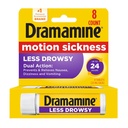 Dramamine Motion Sickness Raspberry Cream Chewable Tablets 12 Count 2 Pack and Less Drowsy Tablets 8 Count Travel Vial