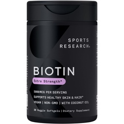Sports Research® Biotin 5,000mcg with Organic Coconut Oil - Biotin (Vitamin B7) for Healthy Skin and Hair Support* - for Women and Men - Vegan, Non-GMO, Gluten & Soy-Free - 30 Veggie Softgels