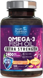 Omega 3 Fish Oil Supplements - 2400mg Fish Oil Per Serving - Triple Strength Omega-3 with EPA & DHA Fatty Acids - Natural Heart, Brain & Immune Support - Wild Caught, Bottled in USA - 120 Softgels