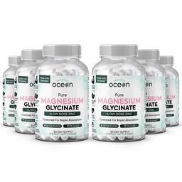 Organics Ocean Pure Magnesium Glycinate with Zinc - Maximum Strength Chelated Magnesium Supplement for Women and Men for Muscle Cramps and Sleep Support - 6 Bottles