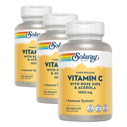 SOLARAY Vitamin C 1000mg - Time Release Vitamin C Capsules w/Rose HIPS and Acerola for Bioflavonoid Support - Two-Stage, All-Day Immune Support - Vegan, 60 Day Guarantee (Pack of 3)