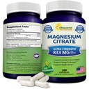 aSquared Nutrition Magnesium Citrate 833mg Supplement - 200 Capsules - Max Strength Vegan Mag Citrate Powder Pills to Support Pure Function of Muscles, Heart & Bones - Helps Increase Energy