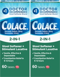 Colace 2-in-1 Stool Softener Plus Stimulant Laxative for Gentle Effective Constipation Relief, Docusate Sodium Plus Sennosides, 60 Count (Pack of 2)
