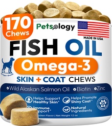 Omega 3 Fish Oil for Dogs - 170 Chews - Omega 3 for Dogs Itchy Skin & Allergy Relief - Skin & Coat Supplement - EPA & DHA Fatty Acids - Dog Anti Shedding & Hot Spot Treatment - Salmon Oil