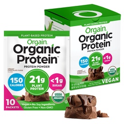 Orgain Organic Vegan Protein Powder, Creamy Chocolate Fudge - 21g Plant Protein, 6g Prebiotic Fiber, Low Carb, No Lactose Ingredients, No Added Sugar, Non-GMO, 10 Single Serve Individual Packets